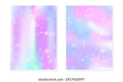 Kawaii-Hintergrund mit Regenbogen-Prinzessin-Farbverlauf. Magisches Einhornhologramm. Holografisches Märchenset. Fluoreszierende Fantasiebedeckung. Kawaii Hintergrund mit Funkeln und Sternen für eine süße Girl-Party-Einladung.