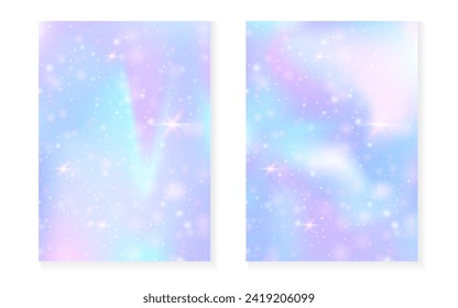 Kawaii background with rainbow princess gradient. Magic unicorn hologram. Holographic fairy set. Vibrant fantasy cover. Kawaii background with sparkles and stars for cute girl party invitation.