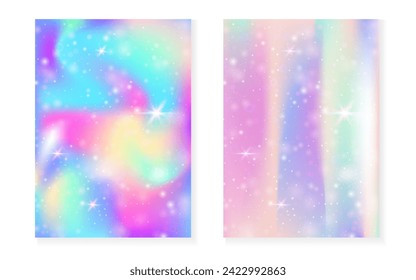 Kawaii background with rainbow princess gradient. Magic unicorn hologram. Holographic fairy set. Vibrant fantasy cover. Kawaii background with sparkles and stars for cute girl party invitation.