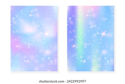 Kawaii background with rainbow princess gradient. Magic unicorn hologram. Holographic fairy set. Bright fantasy cover. Kawaii background with sparkles and stars for cute girl party invitation.