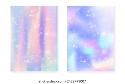 Kawaii background with rainbow princess gradient. Magic unicorn hologram. Holographic fairy set. Vibrant fantasy cover. Kawaii background with sparkles and stars for cute girl party invitation.