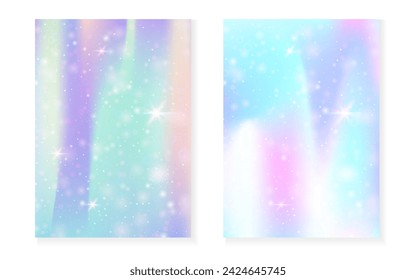 Kawaii background with rainbow princess gradient. Magic unicorn hologram. Holographic fairy set. Mystical fantasy cover. Kawaii background with sparkles and stars for cute girl party invitation.