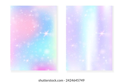 Kawaii background with rainbow princess gradient. Magic unicorn hologram. Holographic fairy set. Mystical fantasy cover. Kawaii background with sparkles and stars for cute girl party invitation.