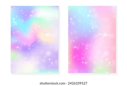 Kawaii background with rainbow princess gradient. Magic unicorn hologram. Holographic fairy set. Trendy fantasy cover. Kawaii background with sparkles and stars for cute girl party invitation.