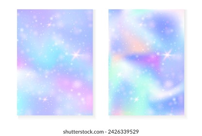 Kawaii background with rainbow princess gradient. Magic unicorn hologram. Holographic fairy set. Colorful fantasy cover. Kawaii background with sparkles and stars for cute girl party invitation.
