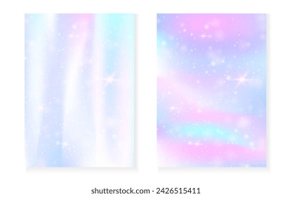 Fondo kawaii con gradiente de princesa arco iris. Holograma mágico de unicornio. Juego de hadas holográficas. Cubierta de fantasía mística. Fondo kawaii con destellos y estrellas para la invitación de fiesta de la muchacha linda.