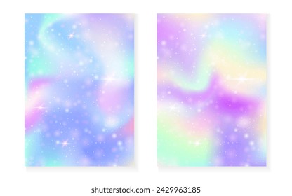 Kawaii background with rainbow princess gradient. Magic unicorn hologram. Holographic fairy set. Vibrant fantasy cover. Kawaii background with sparkles and stars for cute girl party invitation.