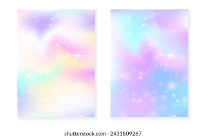 Fondo kawaii con gradiente de princesa arco iris. Holograma mágico de unicornio. Juego de hadas holográficas. Cubierta de fantasía de moda. Fondo kawaii con destellos y estrellas para la invitación de fiesta de la muchacha linda.