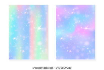 Kawaii background with rainbow princess gradient. Magic unicorn hologram. Holographic fairy set. Mystical fantasy cover. Kawaii background with sparkles and stars for cute girl party invitation.