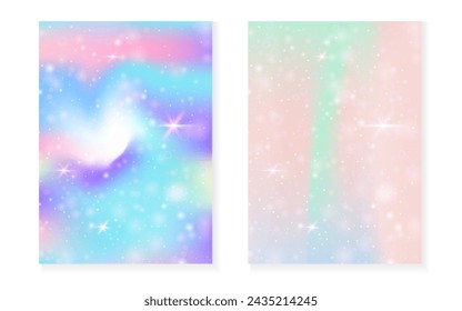 Kawaii background with rainbow princess gradient. Magic unicorn hologram. Holographic fairy set. Colorful fantasy cover. Kawaii background with sparkles and stars for cute girl party invitation.