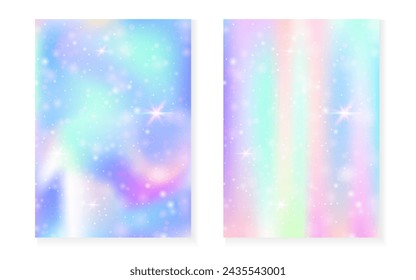 Kawaii background with rainbow princess gradient. Magic unicorn hologram. Holographic fairy set. Creative fantasy cover. Kawaii background with sparkles and stars for cute girl party invitation.