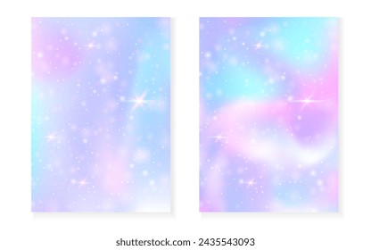 Kawaii background with rainbow princess gradient. Magic unicorn hologram. Holographic fairy set. Bright fantasy cover. Kawaii background with sparkles and stars for cute girl party invitation.