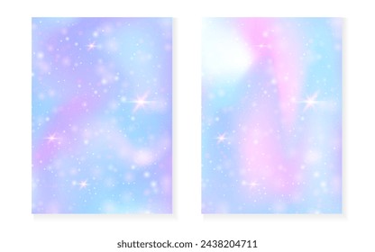 Kawaii background with rainbow princess gradient. Magic unicorn hologram. Holographic fairy set. Creative fantasy cover. Kawaii background with sparkles and stars for cute girl party invitation.