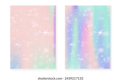 Fondo kawaii con gradiente de princesa arco iris. Holograma mágico de unicornio. Juego de hadas holográficas. Cubierta de fantasía mística. Fondo kawaii con destellos y estrellas para la invitación de fiesta de la muchacha linda.