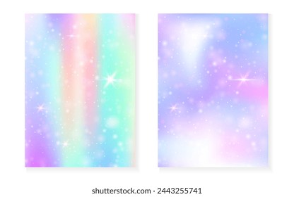 Kawaii background with rainbow princess gradient. Magic unicorn hologram. Holographic fairy set. Vibrant fantasy cover. Kawaii background with sparkles and stars for cute girl party invitation.