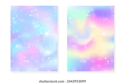 Fondo kawaii con gradiente de princesa arco iris. Holograma mágico de unicornio. Juego de hadas holográficas. Cubierta de fantasía creativa. Fondo kawaii con destellos y estrellas para la invitación de fiesta de la muchacha linda.