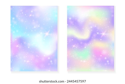 Fondo kawaii con gradiente de princesa arco iris. Holograma mágico de unicornio. Juego de hadas holográficas. Vibrante portada de fantasía. Fondo kawaii con destellos y estrellas para la invitación de fiesta de la muchacha linda.