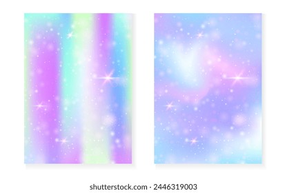 Kawaii background with rainbow princess gradient. Magic unicorn hologram. Holographic fairy set. Mystical fantasy cover. Kawaii background with sparkles and stars for cute girl party invitation.