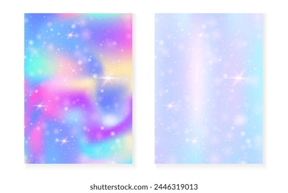 Kawaii background with rainbow princess gradient. Magic unicorn hologram. Holographic fairy set. Colorful fantasy cover. Kawaii background with sparkles and stars for cute girl party invitation.