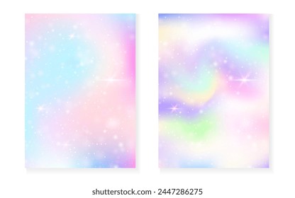 Kawaii background with rainbow princess gradient. Magic unicorn hologram. Holographic fairy set. Creative fantasy cover. Kawaii background with sparkles and stars for cute girl party invitation.