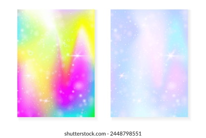 Kawaii background with rainbow princess gradient. Magic unicorn hologram. Holographic fairy set. Multicolor fantasy cover. Kawaii background with sparkles and stars for cute girl party invitation.