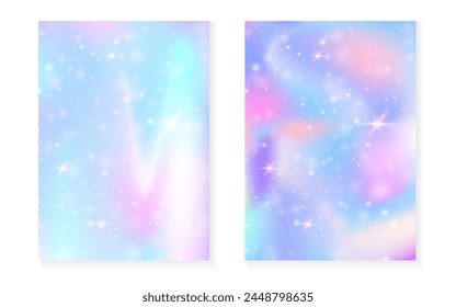Kawaii background with rainbow princess gradient. Magic unicorn hologram. Holographic fairy set. Fluorescent fantasy cover. Kawaii background with sparkles and stars for cute girl party invitation.