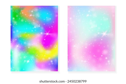 Kawaii background with rainbow princess gradient. Magic unicorn hologram. Holographic fairy set. Fluorescent fantasy cover. Kawaii background with sparkles and stars for cute girl party invitation.