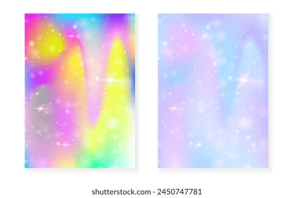 Kawaii background with rainbow princess gradient. Magic unicorn hologram. Holographic fairy set. Colorful fantasy cover. Kawaii background with sparkles and stars for cute girl party invitation.