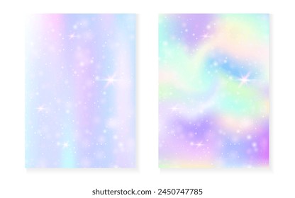 Kawaii background with rainbow princess gradient. Magic unicorn hologram. Holographic fairy set. Stylish fantasy cover. Kawaii background with sparkles and stars for cute girl party invitation.
