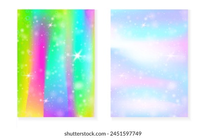 Kawaii background with rainbow princess gradient. Magic unicorn hologram. Holographic fairy set. Multicolor fantasy cover. Kawaii background with sparkles and stars for cute girl party invitation.