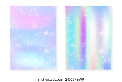 Fondo kawaii con gradiente de princesa arco iris. Holograma mágico de unicornio. Juego de hadas holográficas. Cubierta de fantasía mística. Fondo kawaii con destellos y estrellas para la invitación de fiesta de la muchacha linda.