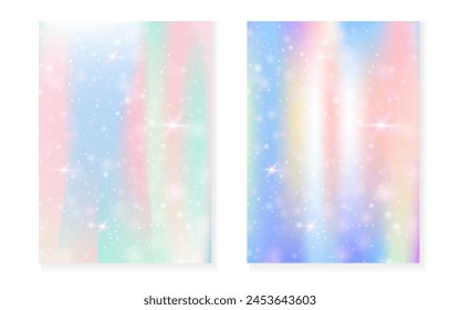 Kawaii background with rainbow princess gradient. Magic unicorn hologram. Holographic fairy set. Fluorescent fantasy cover. Kawaii background with sparkles and stars for cute girl party invitation.