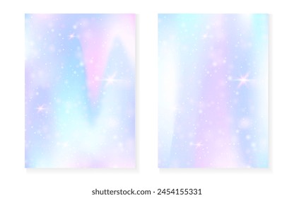 Fondo kawaii con gradiente de princesa arco iris. Holograma mágico de unicornio. Juego de hadas holográficas. Cubierta de fantasía mística. Fondo kawaii con destellos y estrellas para la invitación de fiesta de la muchacha linda.