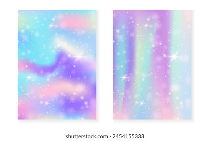 Fondo kawaii con gradiente de princesa arco iris. Holograma mágico de unicornio. Juego de hadas holográficas. Elegante portada de fantasía. Fondo kawaii con destellos y estrellas para la invitación de fiesta de la muchacha linda.