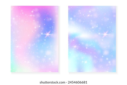 Kawaii background with rainbow princess gradient. Magic unicorn hologram. Holographic fairy set. Trendy fantasy cover. Kawaii background with sparkles and stars for cute girl party invitation.