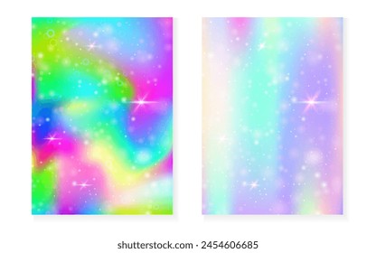 Fondo kawaii con gradiente de princesa arco iris. Holograma mágico de unicornio. Juego de hadas holográficas. Elegante portada de fantasía. Fondo kawaii con destellos y estrellas para la invitación de fiesta de la muchacha linda.