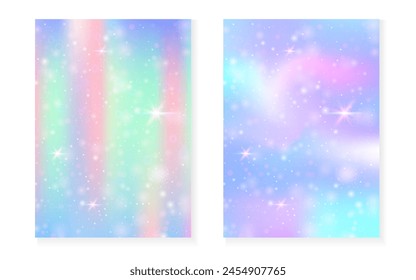 Kawaii background with rainbow princess gradient. Magic unicorn hologram. Holographic fairy set. Trendy fantasy cover. Kawaii background with sparkles and stars for cute girl party invitation.