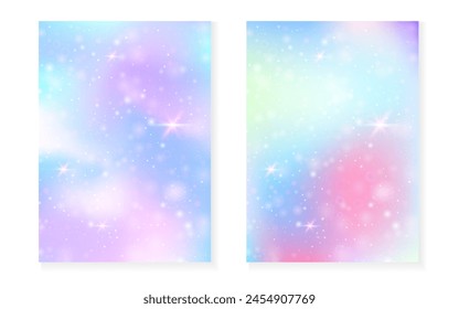 Fondo kawaii con gradiente de princesa arco iris. Holograma mágico de unicornio. Juego de hadas holográficas. Cubierta de fantasía fluorescente. Fondo kawaii con destellos y estrellas para la invitación de fiesta de la muchacha linda.