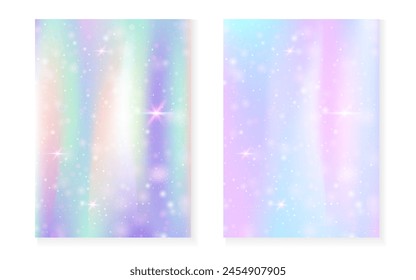 Fondo kawaii con gradiente de princesa arco iris. Holograma mágico de unicornio. Juego de hadas holográficas. Cubierta de fantasía multicolor. Fondo kawaii con destellos y estrellas para la invitación de fiesta de la muchacha linda.