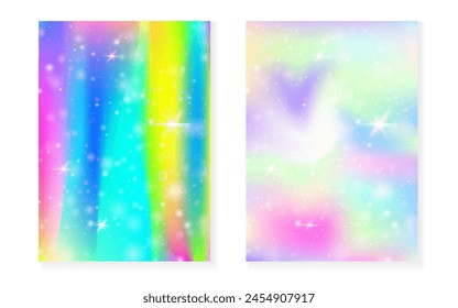 Fondo kawaii con gradiente de princesa arco iris. Holograma mágico de unicornio. Juego de hadas holográficas. Cubierta de fantasía creativa. Fondo kawaii con destellos y estrellas para la invitación de fiesta de la muchacha linda.