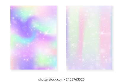 Kawaii background with rainbow princess gradient. Magic unicorn hologram. Holographic fairy set. Fluorescent fantasy cover. Kawaii background with sparkles and stars for cute girl party invitation.