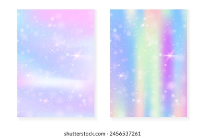Kawaii background with rainbow princess gradient. Magic unicorn hologram. Holographic fairy set. Spectrum fantasy cover. Kawaii background with sparkles and stars for cute girl party invitation.