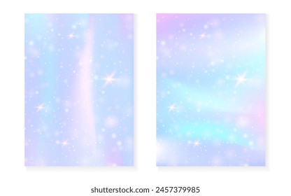 Kawaii background with rainbow princess gradient. Magic unicorn hologram. Holographic fairy set. Stylish fantasy cover. Kawaii background with sparkles and stars for cute girl party invitation.