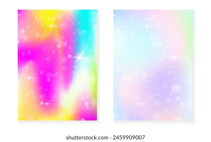 Kawaii background with rainbow princess gradient. Magic unicorn hologram. Holographic fairy set. Stylish fantasy cover. Kawaii background with sparkles and stars for cute girl party invitation.