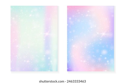 Kawaii background with rainbow princess gradient. Magic unicorn hologram. Holographic fairy set. Colorful fantasy cover. Kawaii background with sparkles and stars for cute girl party invitation.