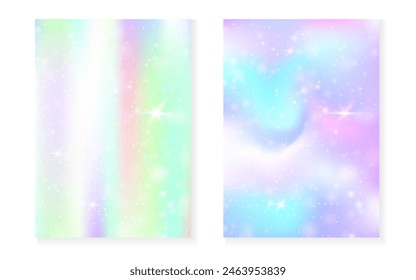 Kawaii background with rainbow princess gradient. Magic unicorn hologram. Holographic fairy set. Trendy fantasy cover. Kawaii background with sparkles and stars for cute girl party invitation.