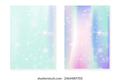 Kawaii background with rainbow princess gradient. Magic unicorn hologram. Holographic fairy set. Fluorescent fantasy cover. Kawaii background with sparkles and stars for cute girl party invitation.