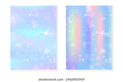 Kawaii background with rainbow princess gradient. Magic unicorn hologram. Holographic fairy set. Colorful fantasy cover. Kawaii background with sparkles and stars for cute girl party invitation.