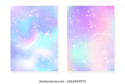 Kawaii background with rainbow princess gradient. Magic unicorn hologram. Holographic fairy set. Vibrant fantasy cover. Kawaii background with sparkles and stars for cute girl party invitation.
