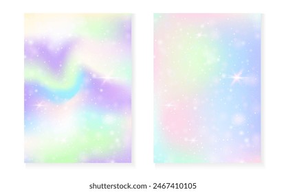 Kawaii background with rainbow princess gradient. Magic unicorn hologram. Holographic fairy set. Spectrum fantasy cover. Kawaii background with sparkles and stars for cute girl party invitation.